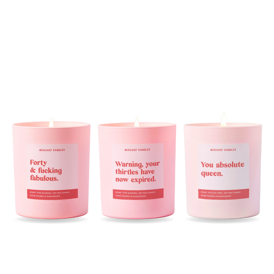 40th Birthday Candle Gift Set – three funny Mischief candles together