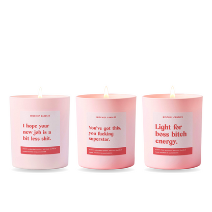 New Job Candle Gift Set – three funny Mischief candles together