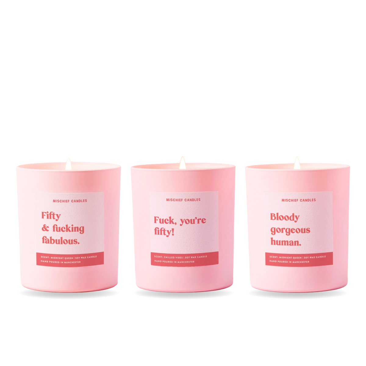 50th Birthday Candle Gift Set – three funny Mischief candles together