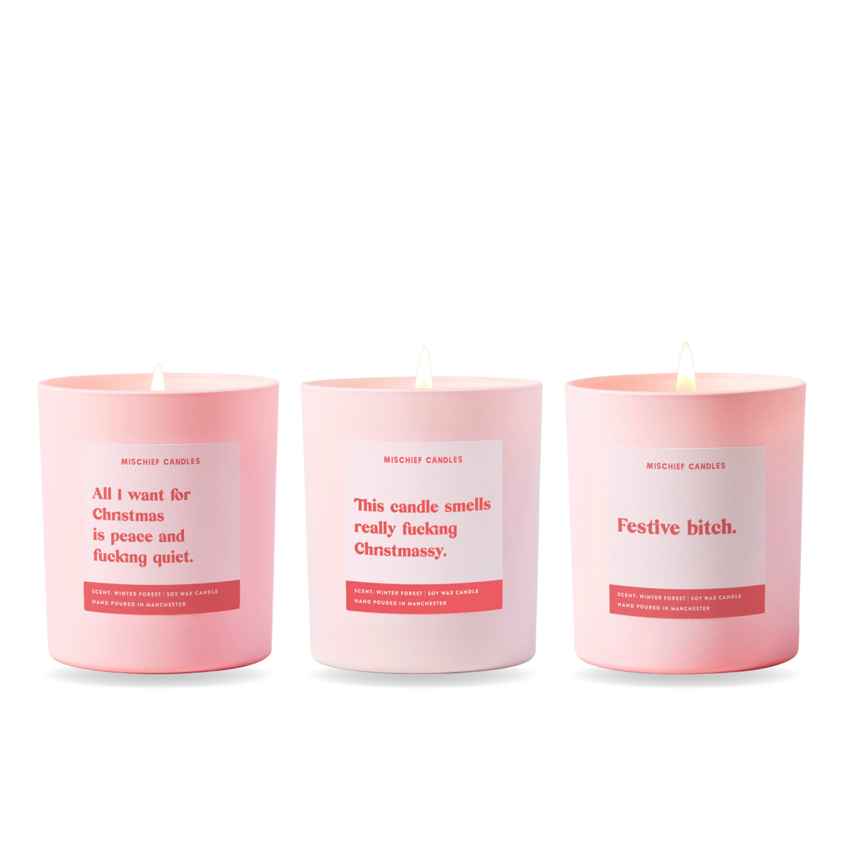 Christmas Candle Gift Set – three funny Mischief candles together