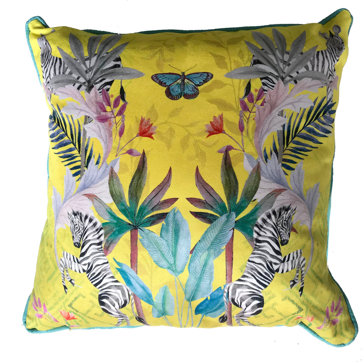 Vibrant citrus yellow watercolour art Cushion 'Stallion' double sided Zebra design, made from Vegan friendly S – view 2