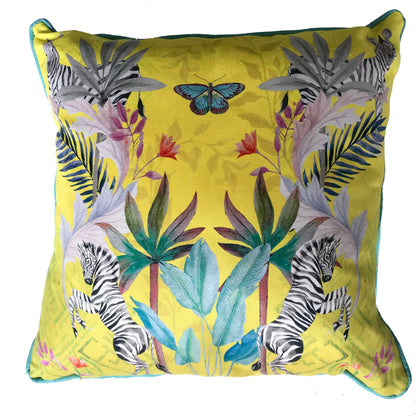Vibrant citrus yellow watercolour art Cushion 'Stallion' double sided Zebra design, made from Vegan friendly S – view 2