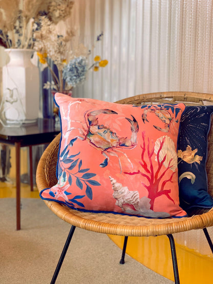 Coral watercolour art Cushion 'Pure shores' double sided design with starfish illustration, made from Vegan fr – view 7