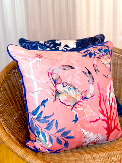 Coral watercolour art Cushion 'Pure shores' double sided design with starfish illustration, made from Vegan fr – view 3