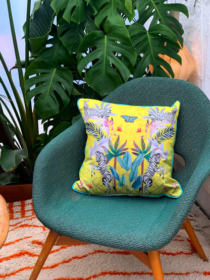 Vibrant citrus yellow watercolour art Cushion 'Stallion' double sided Zebra design, made from Vegan friendly S