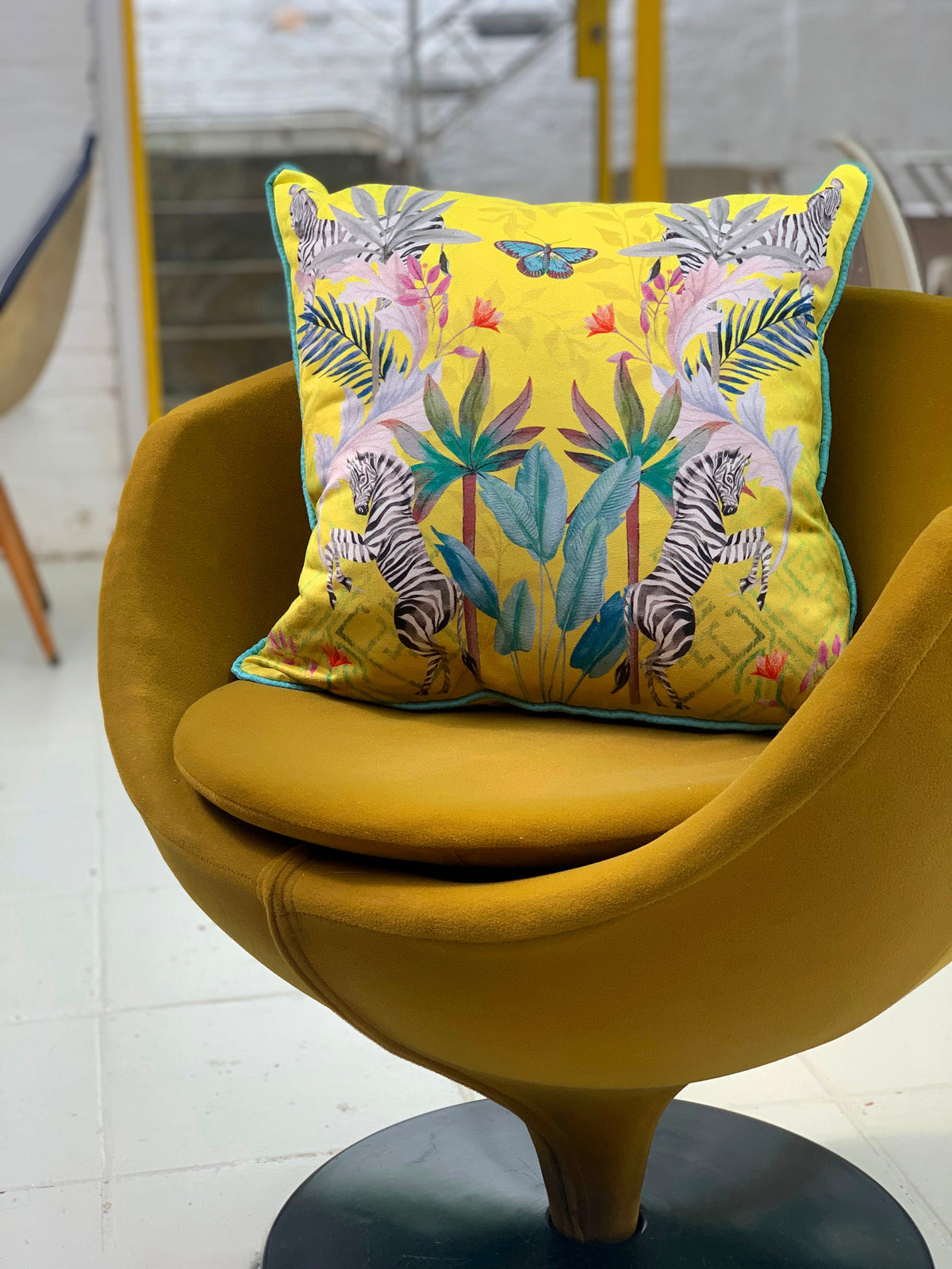 Vibrant citrus yellow watercolour art Cushion 'Stallion' double sided Zebra design, made from Vegan friendly S – view 3