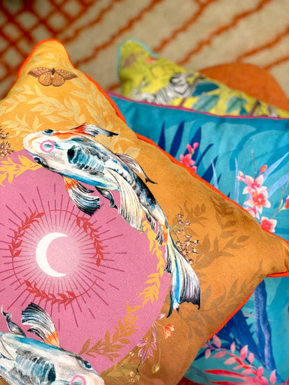 Koi watercolour art Cushion 'Golden pool' double sided design with fish illustration, made from Vegan friendly – view 3
