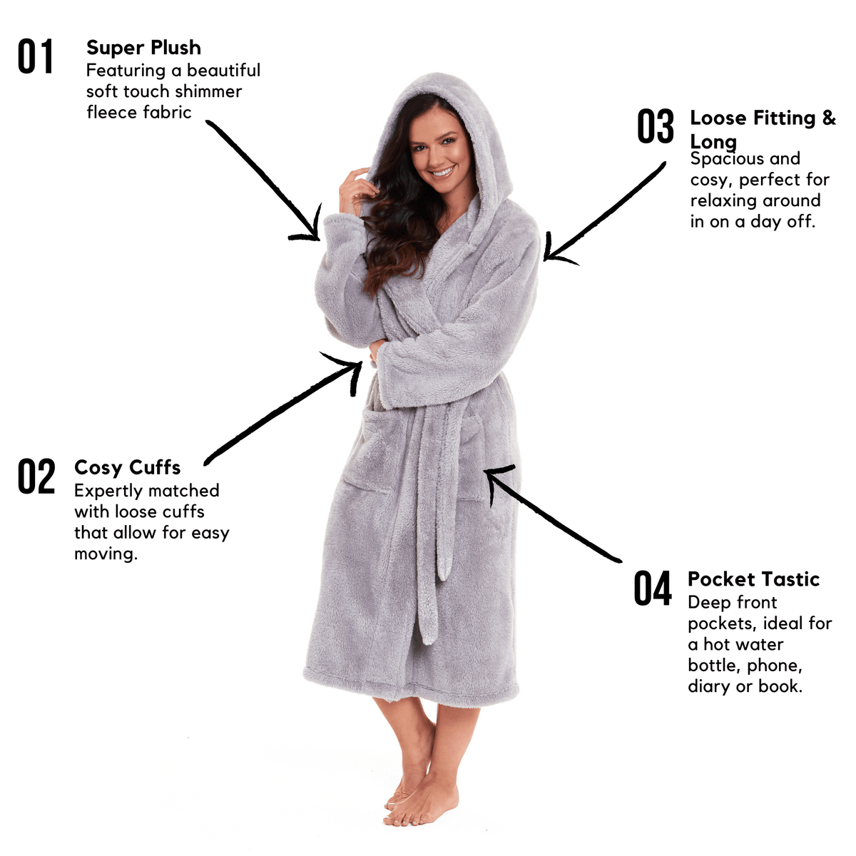 Olivia Rocco Hooded Robe Women Grey Velvet Touch Fleece Luxuriously Soft Durable – view 3