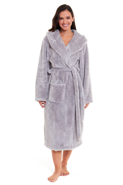 Olivia Rocco Hooded Robe Women Grey Velvet Touch Fleece Luxuriously Soft Durable – view 4