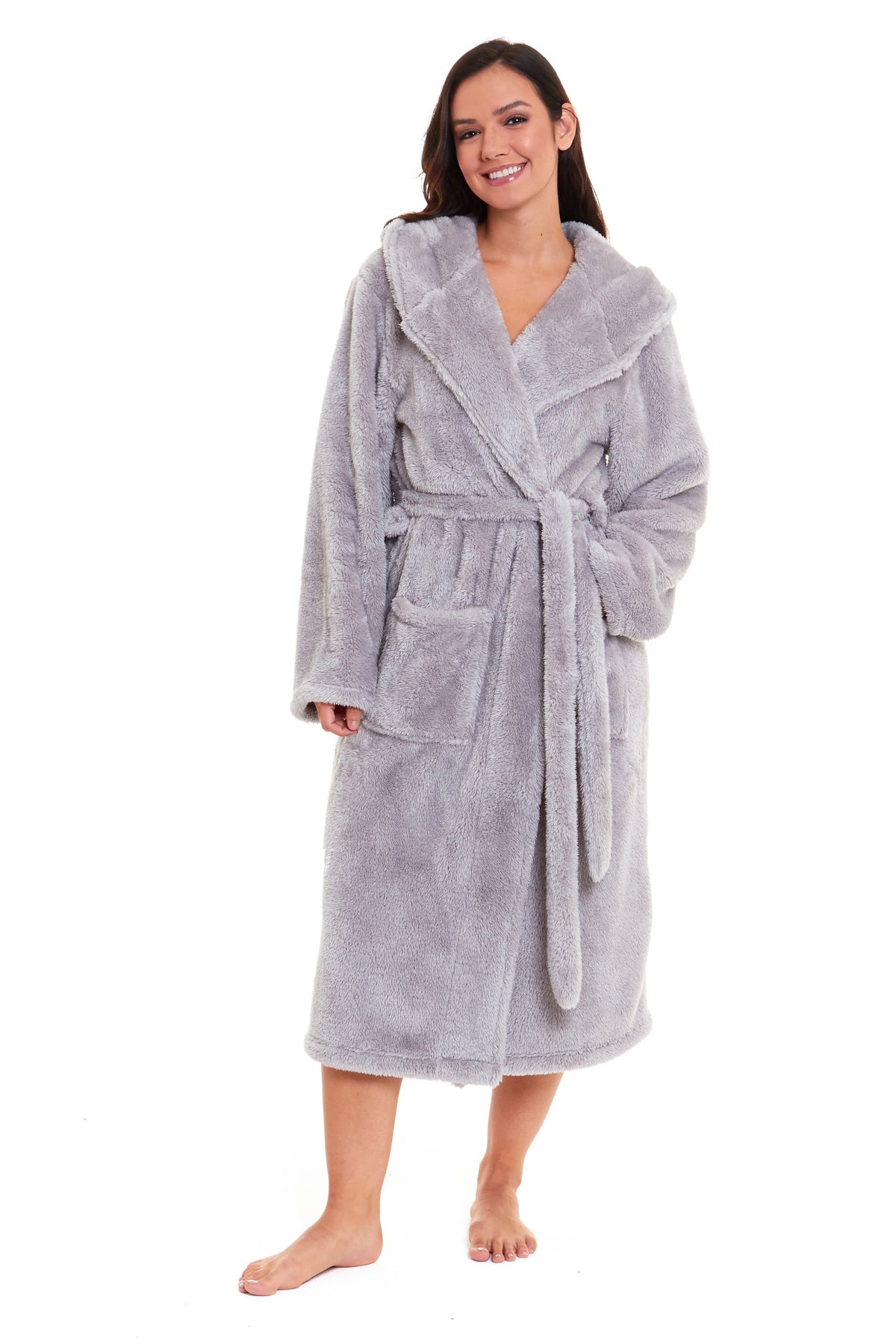 Olivia Rocco Hooded Robe Women Grey Velvet Touch Fleece Luxuriously Soft Durable – view 6