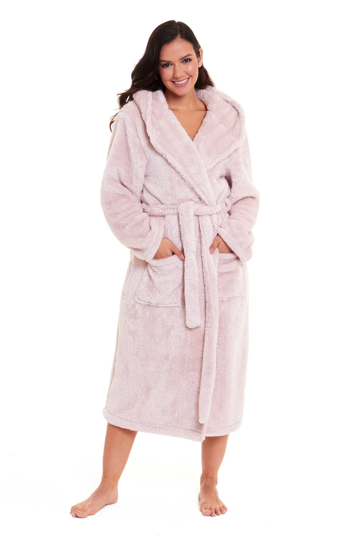 Olivia Rocco Women's Pink Snuggle Fleece Hooded Robe Velvet Touch Dressing Gown Super Soft Cosy Home Loungewea – view 5