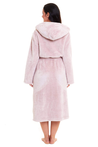 Olivia Rocco Women's Pink Snuggle Fleece Hooded Robe Velvet Touch Dressing Gown Super Soft Cosy Home Loungewea – view 7