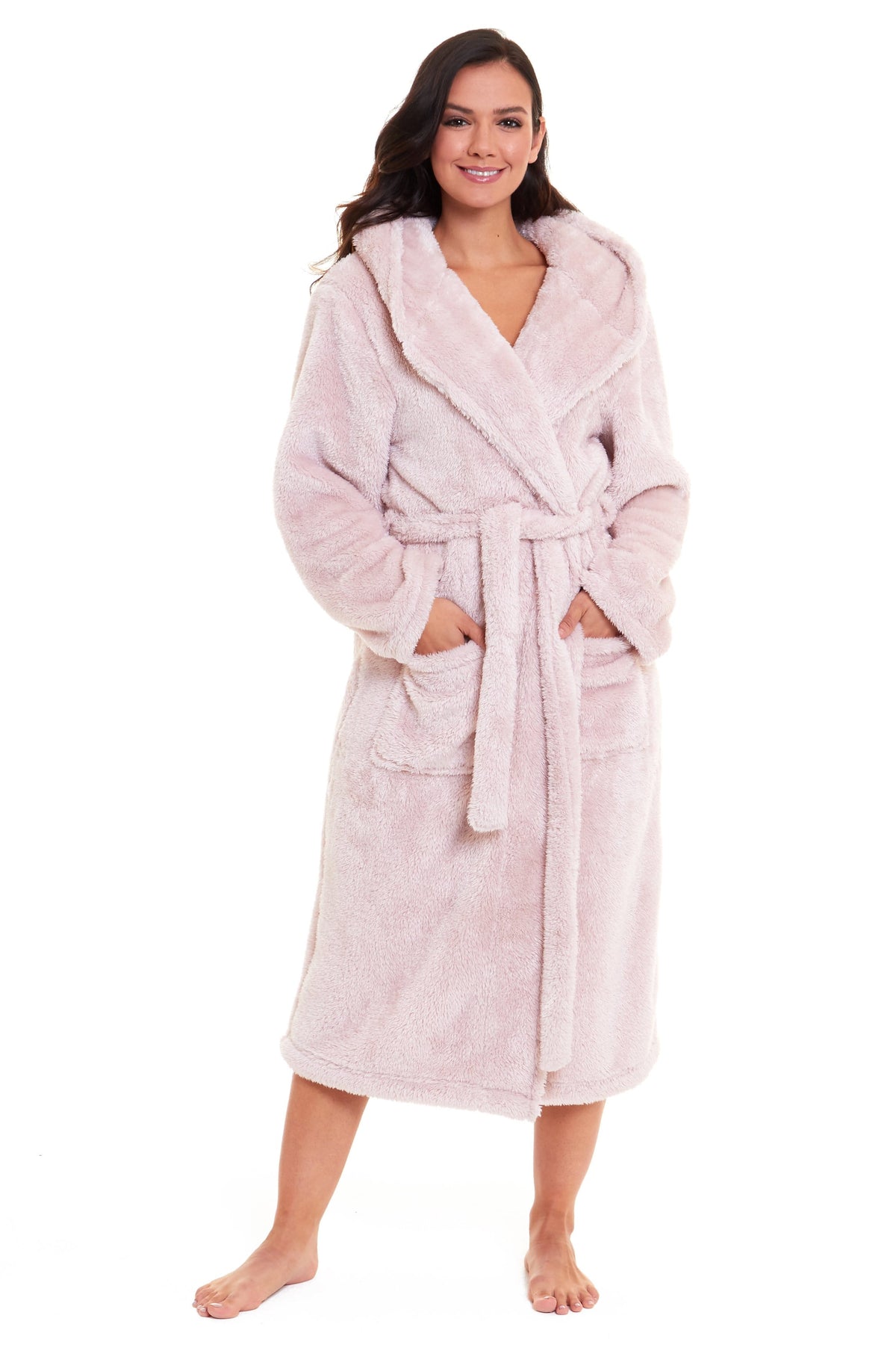 Olivia Rocco Women's Pink Snuggle Fleece Hooded Robe Velvet Touch Dressing Gown Super Soft Cosy Home Loungewea – view 6