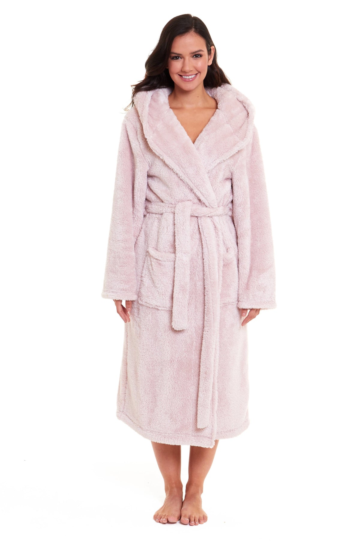 Olivia Rocco Women's Pink Snuggle Fleece Hooded Robe Velvet Touch Dressing Gown Super Soft Cosy Home Loungewea – view 4