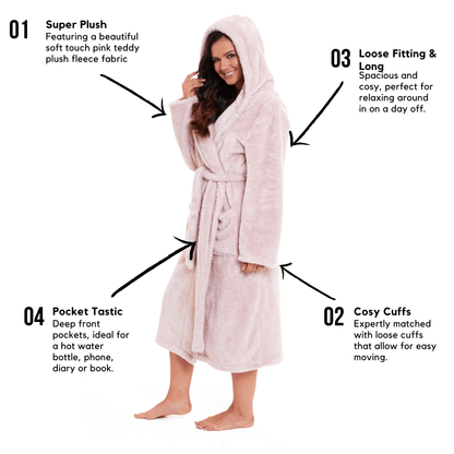 Olivia Rocco Women's Pink Snuggle Fleece Hooded Robe Velvet Touch Dressing Gown Super Soft Cosy Home Loungewea – view 3