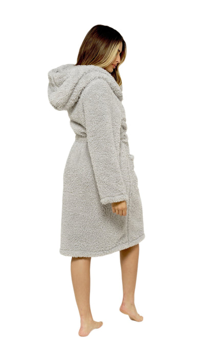 Olivia Rocco Women's Teddy Fleece Hooded Robe Grey Sherpa Lined Ultra Soft Dressing Gown – view 6