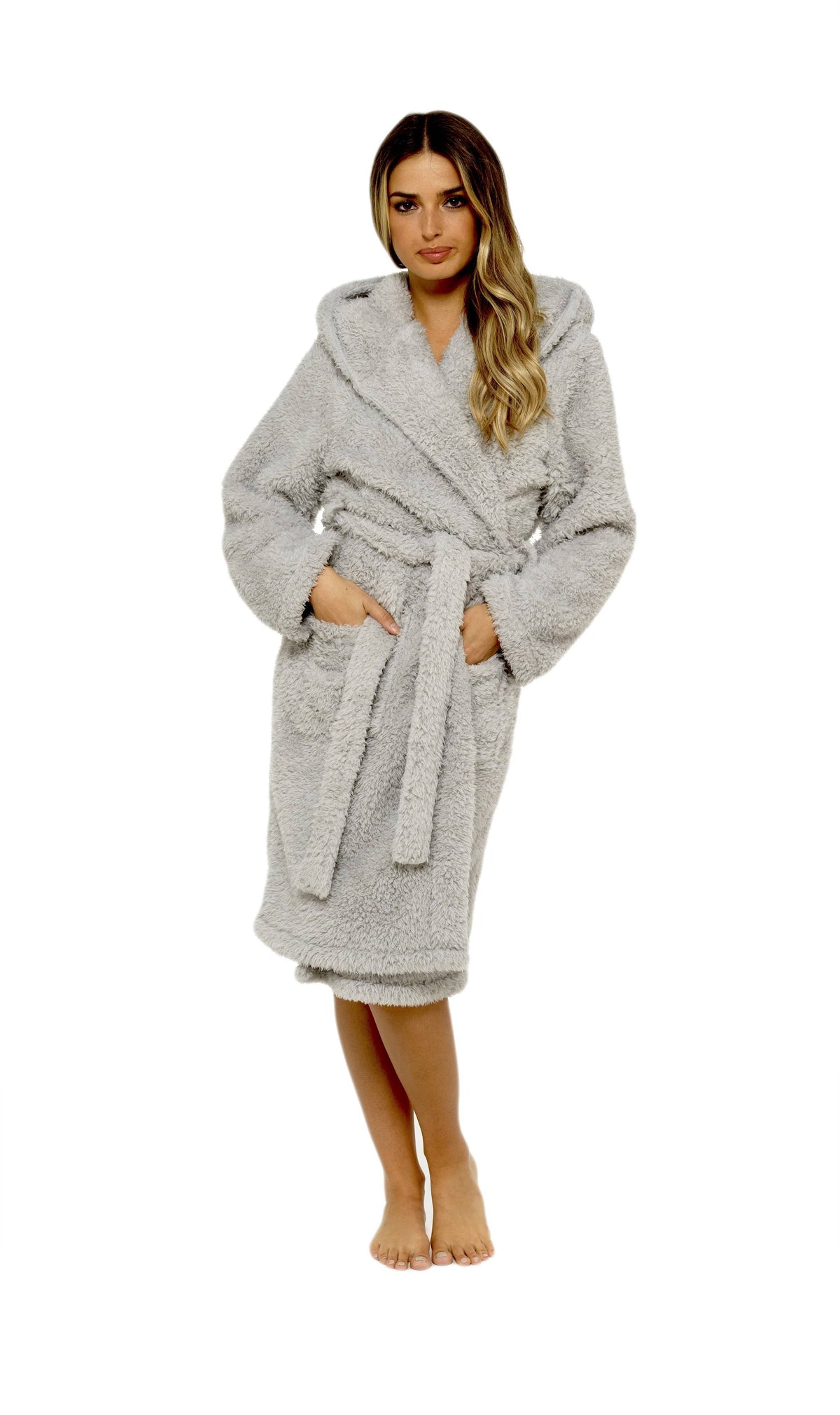 Olivia Rocco Women's Teddy Fleece Hooded Robe Grey Sherpa Lined Ultra Soft Dressing Gown – view 5