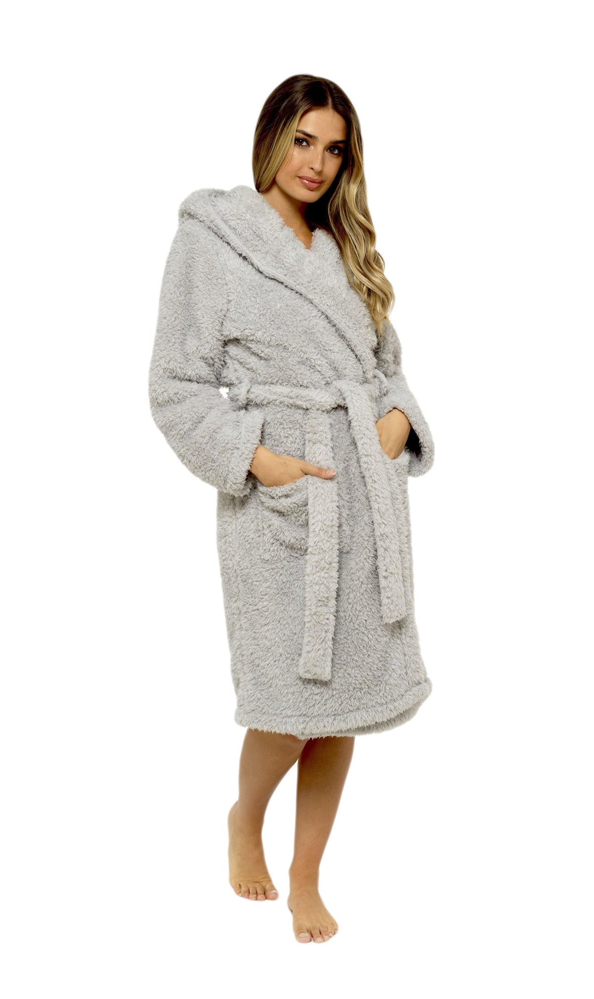 Olivia Rocco Women's Teddy Fleece Hooded Robe Grey Sherpa Lined Ultra Soft Dressing Gown – view 4