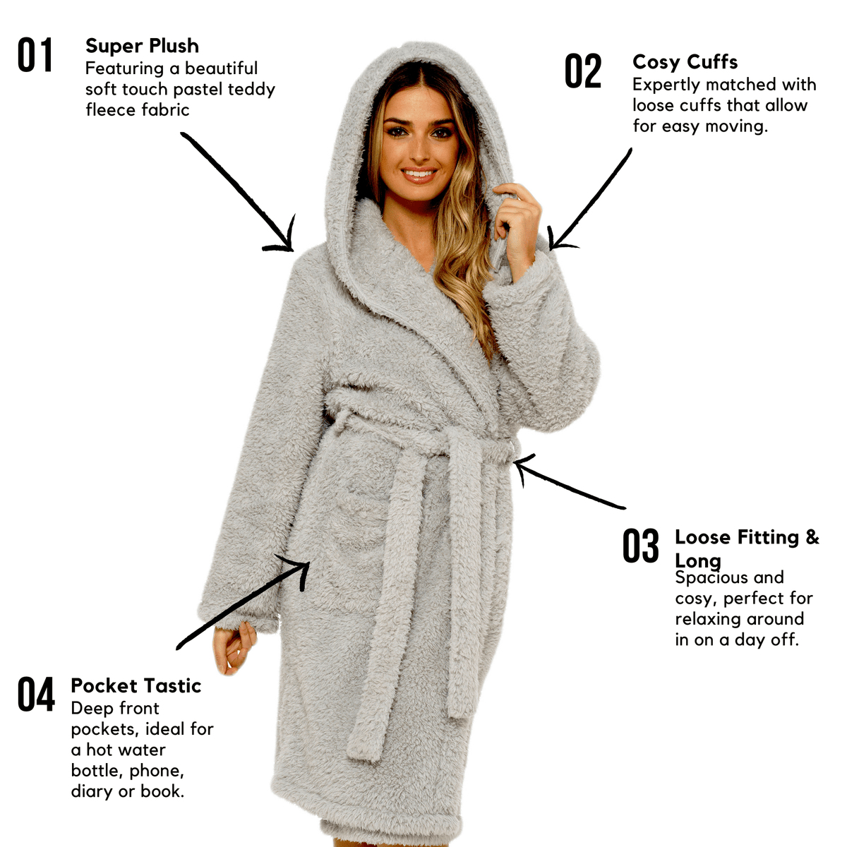 Olivia Rocco Women's Teddy Fleece Hooded Robe Grey Sherpa Lined Ultra Soft Dressing Gown – view 2