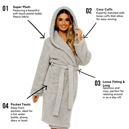 Olivia Rocco Women's Teddy Fleece Hooded Robe Grey Sherpa Lined Ultra Soft Dressing Gown – view 2