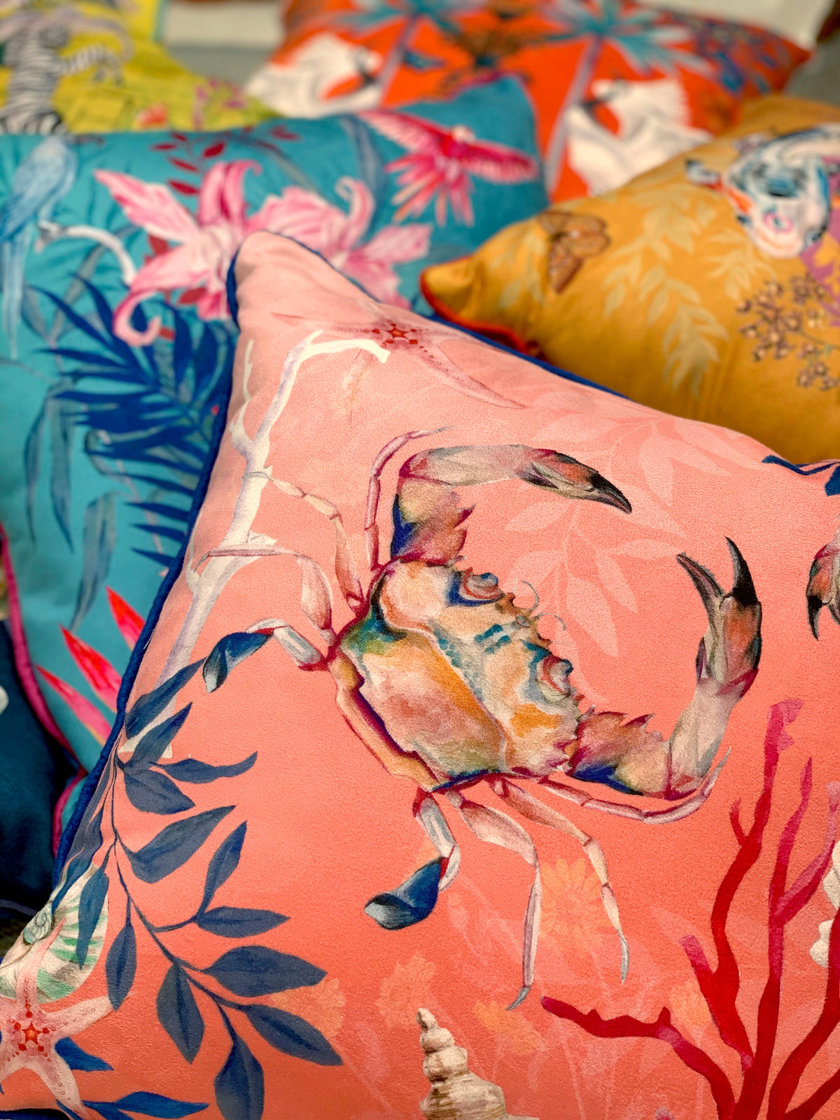 Coral watercolour art Cushion 'Pure shores' double sided design with starfish illustration, made from Vegan fr – view 6