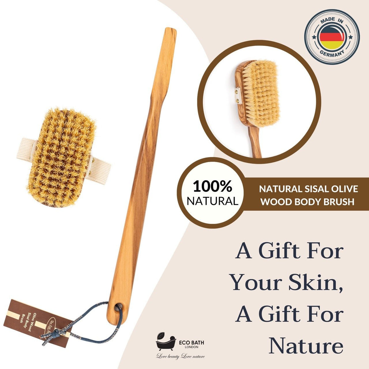 Eco Bath London Luxury Natural Sisal Olive Wood Body Brush - The Ultimate Dry Brushing Body Brush – view 7