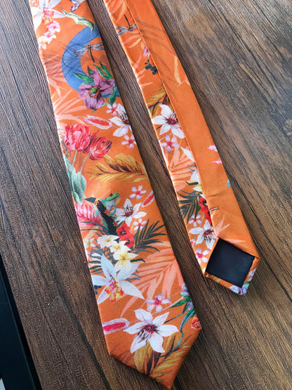 Rust orange coloured Silk Tie, 'Eden' tropical meadow print – view 4