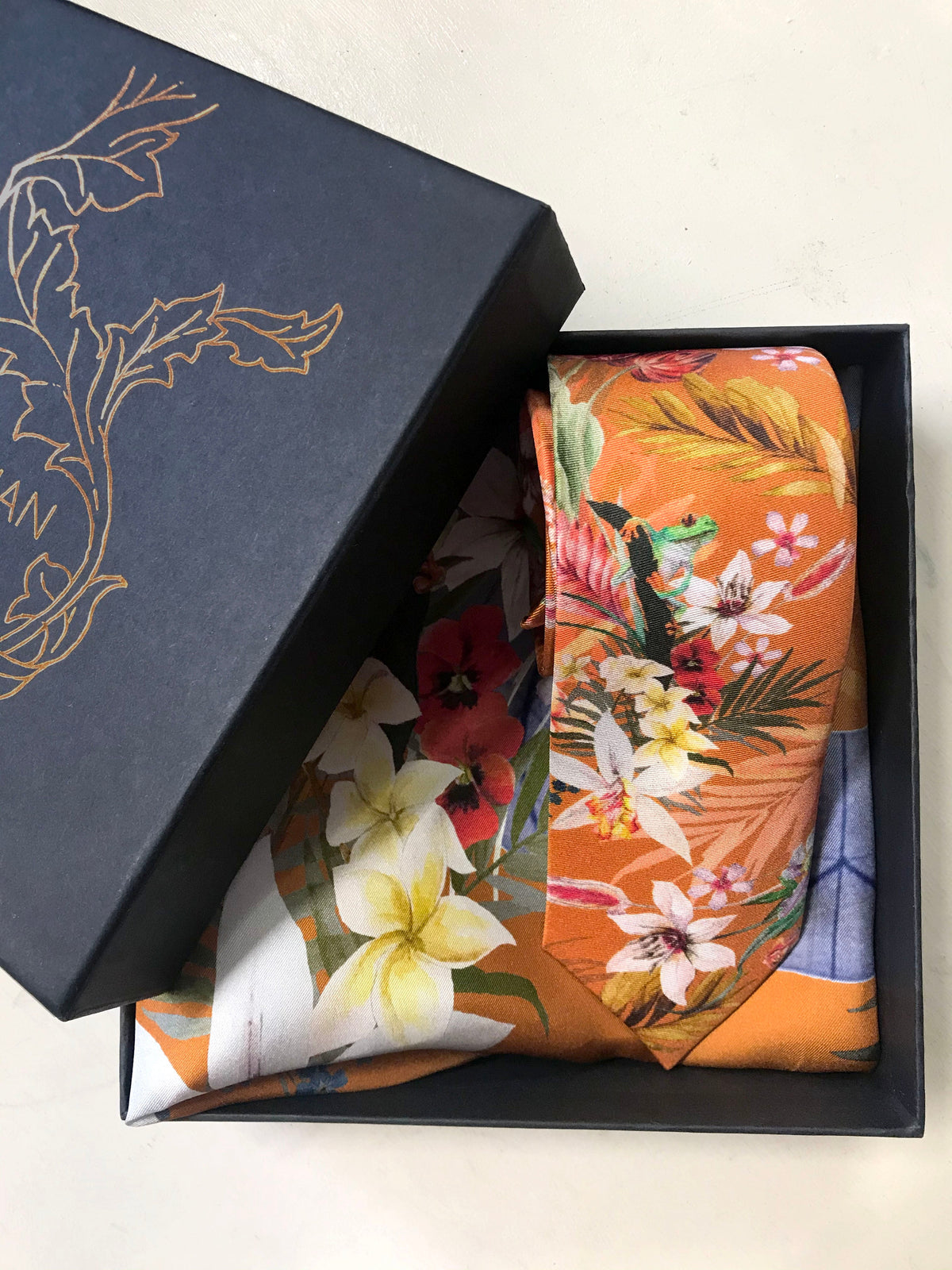 Rust Luxury Silk Pocket Square and tie in Gift set in box, 'Eden' design formal wear for weddings or groomsmen – view 4