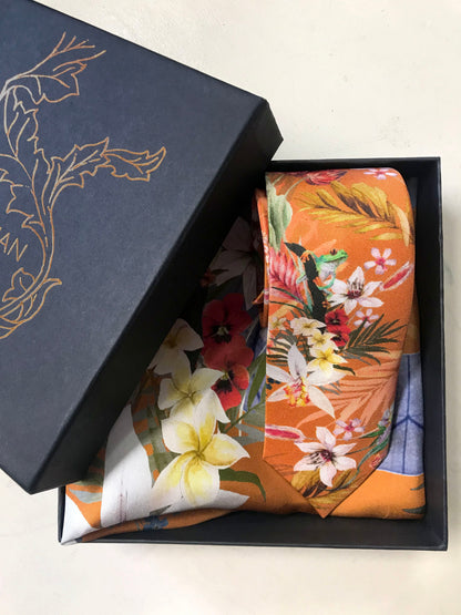 Rust Luxury Silk Pocket Square and tie in Gift set in box, 'Eden' design formal wear for weddings or groomsmen – view 4