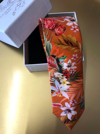 Rust orange coloured Silk Tie, 'Eden' tropical meadow print – view 6