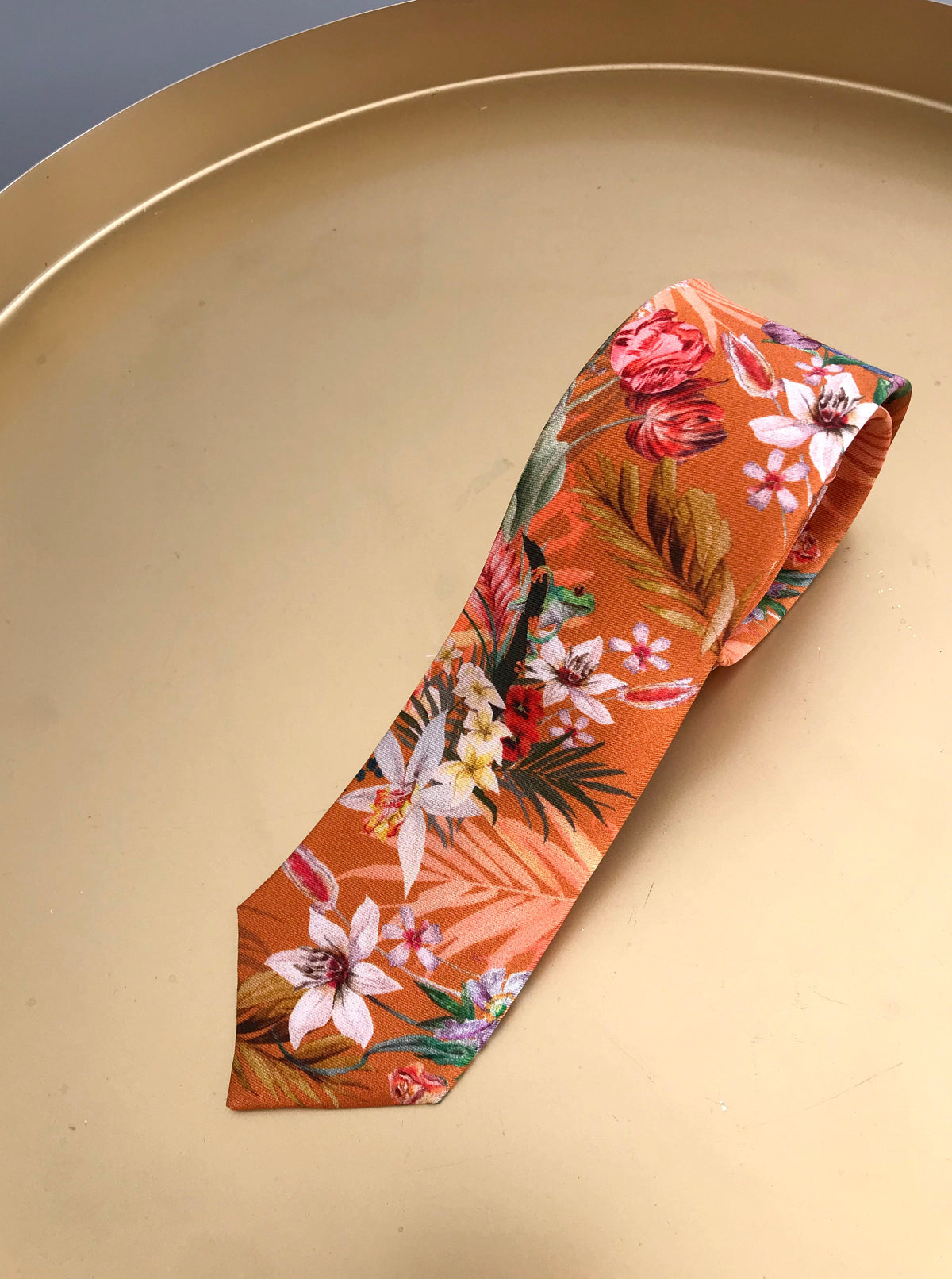 Rust orange coloured Silk Tie, 'Eden' tropical meadow print – view 8