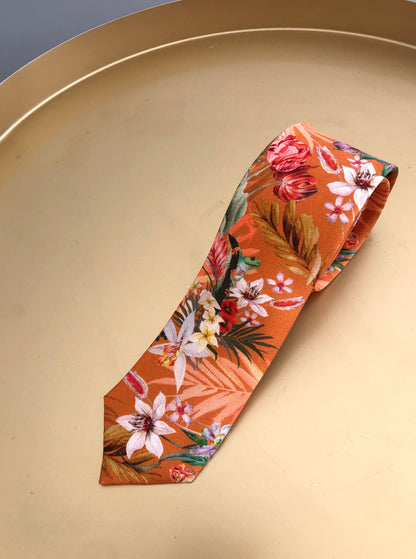 Rust orange coloured Silk Tie, 'Eden' tropical meadow print – view 8
