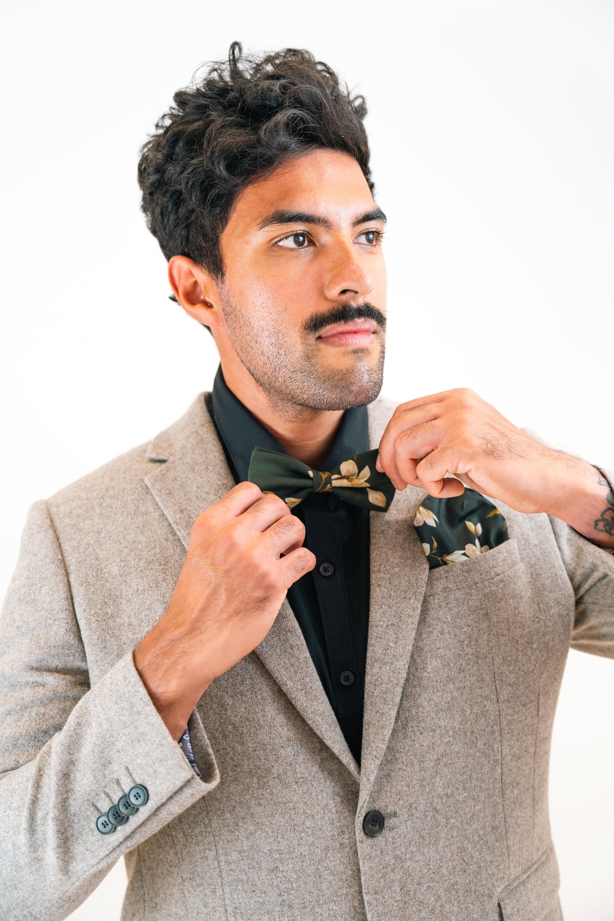 Green floral Silk Pocket Square and Bow tie in 'Forest' moth print – view 2