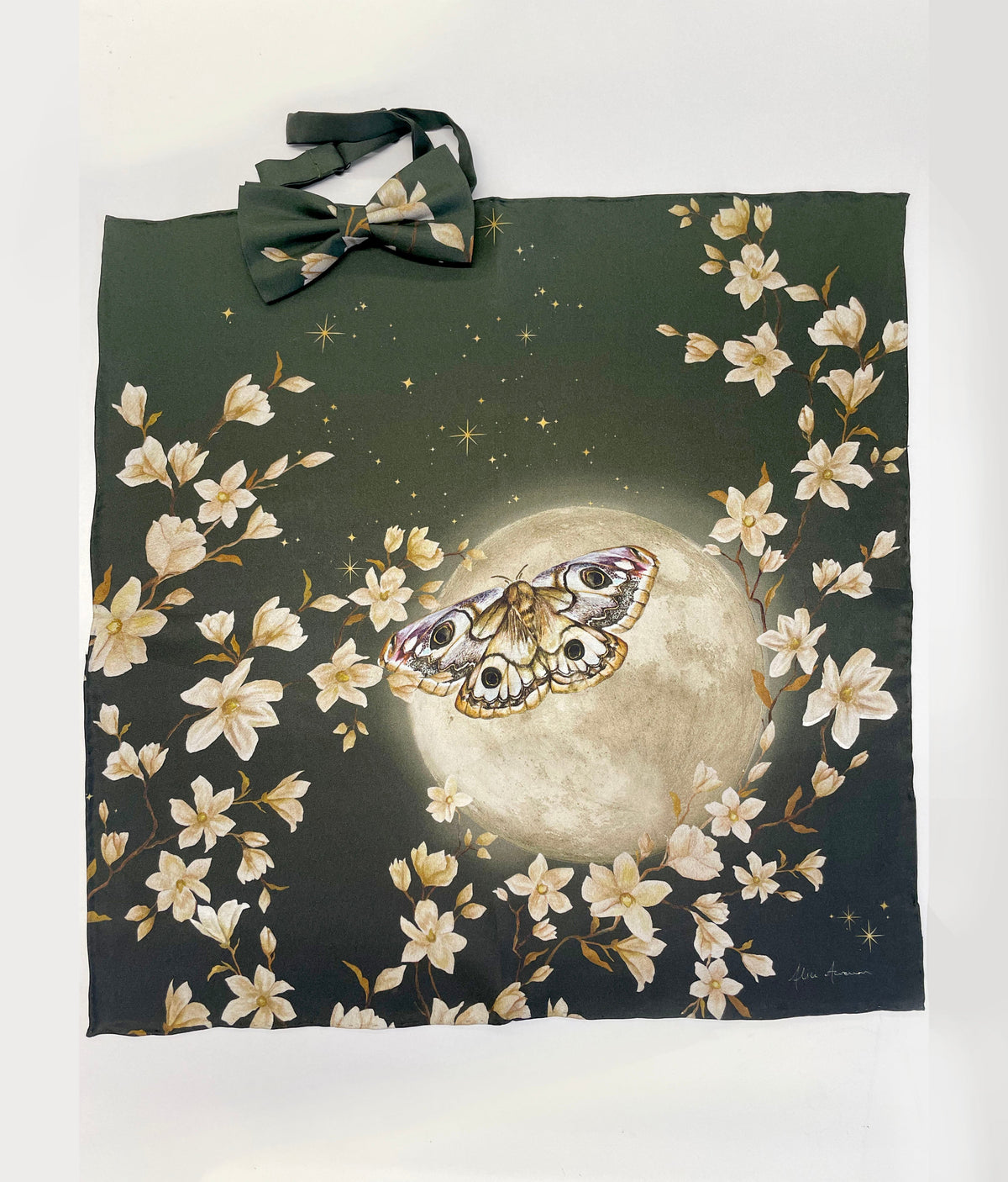 Green floral Silk Pocket Square and Bow tie in 'Forest' moth print – view 7