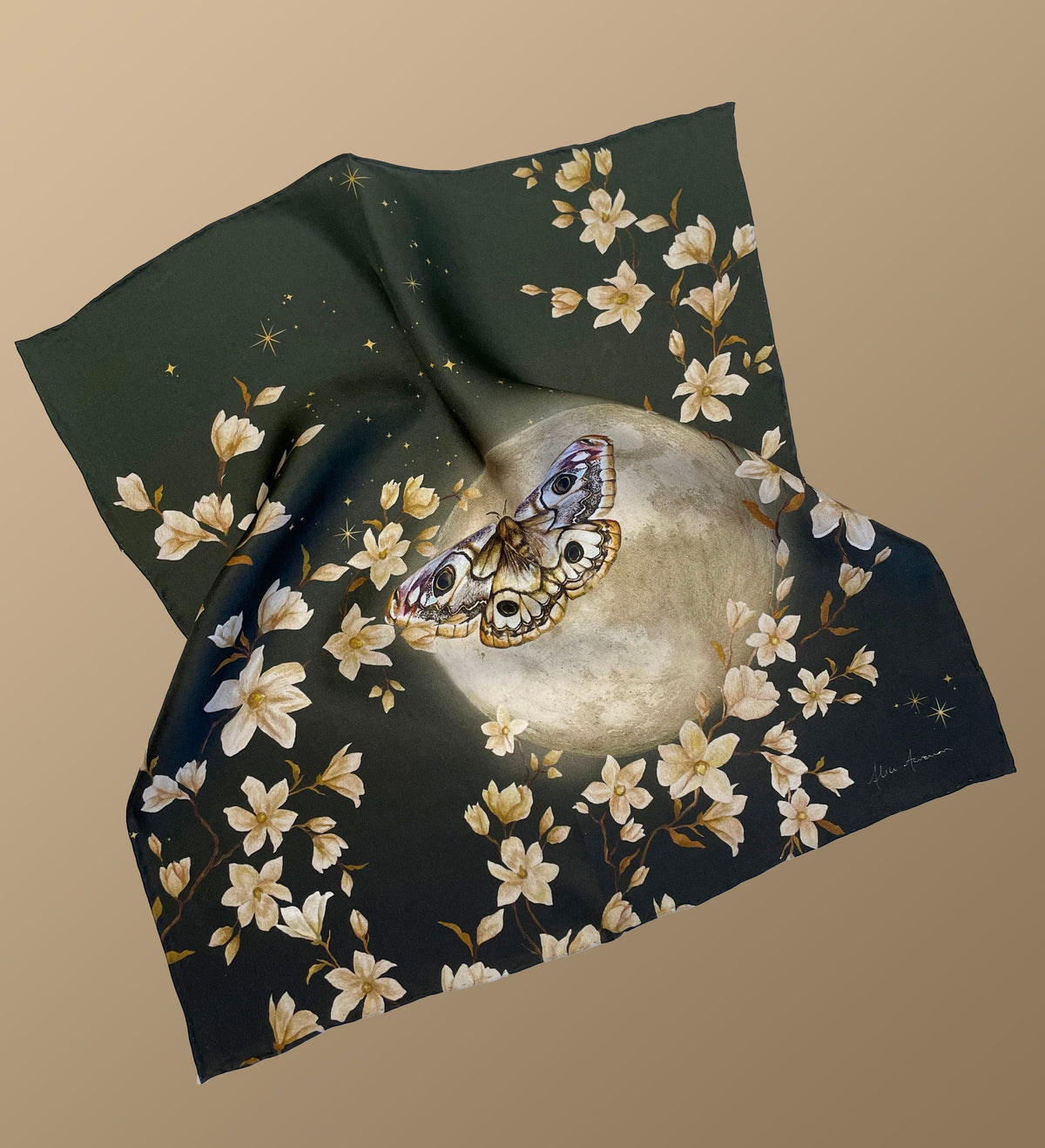 Green floral Silk Pocket Square and Bow tie in 'Forest' moth print – view 4