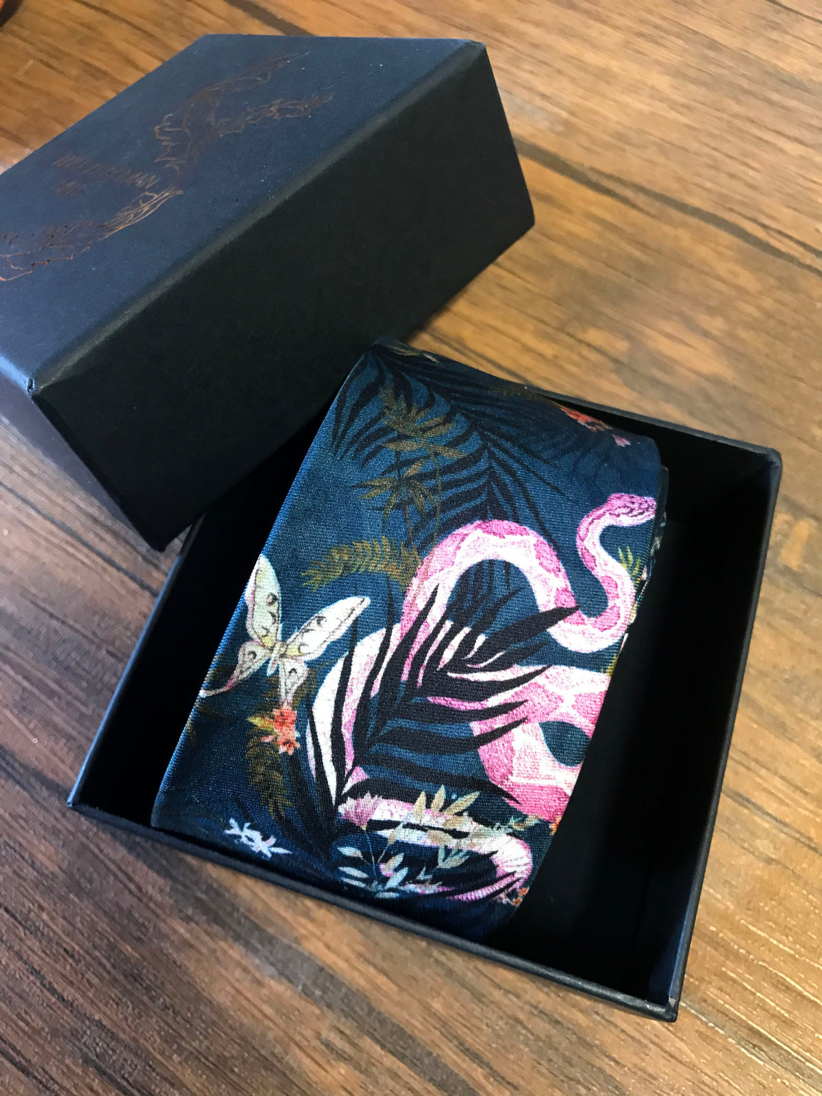 Navy Blue Silk Tie, 'Enticement' Pink Serpent design and tropical flowers – view 4