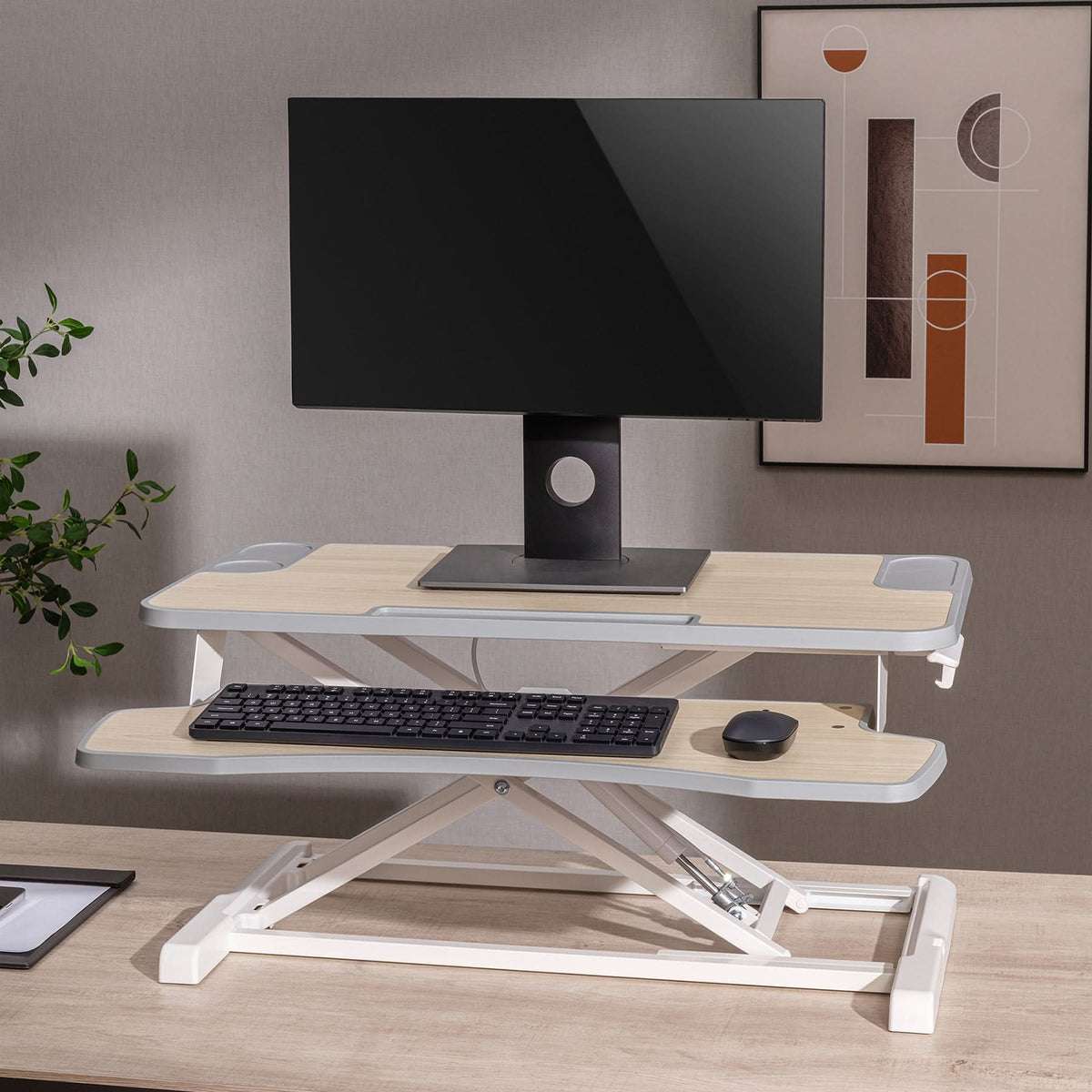 ProperAV Two Tier Stand Up Desk Converter Worktop with Gas Spring Lift & Variable Height Settings - White – view 2