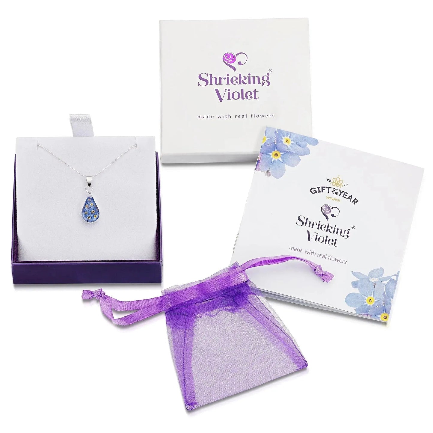 Forget-me-not necklace by Shrieking Violet® Sterling silver teardrop pendant with real forget-me-nots. Ideal for Mothers day or bridesmaid jewellery.