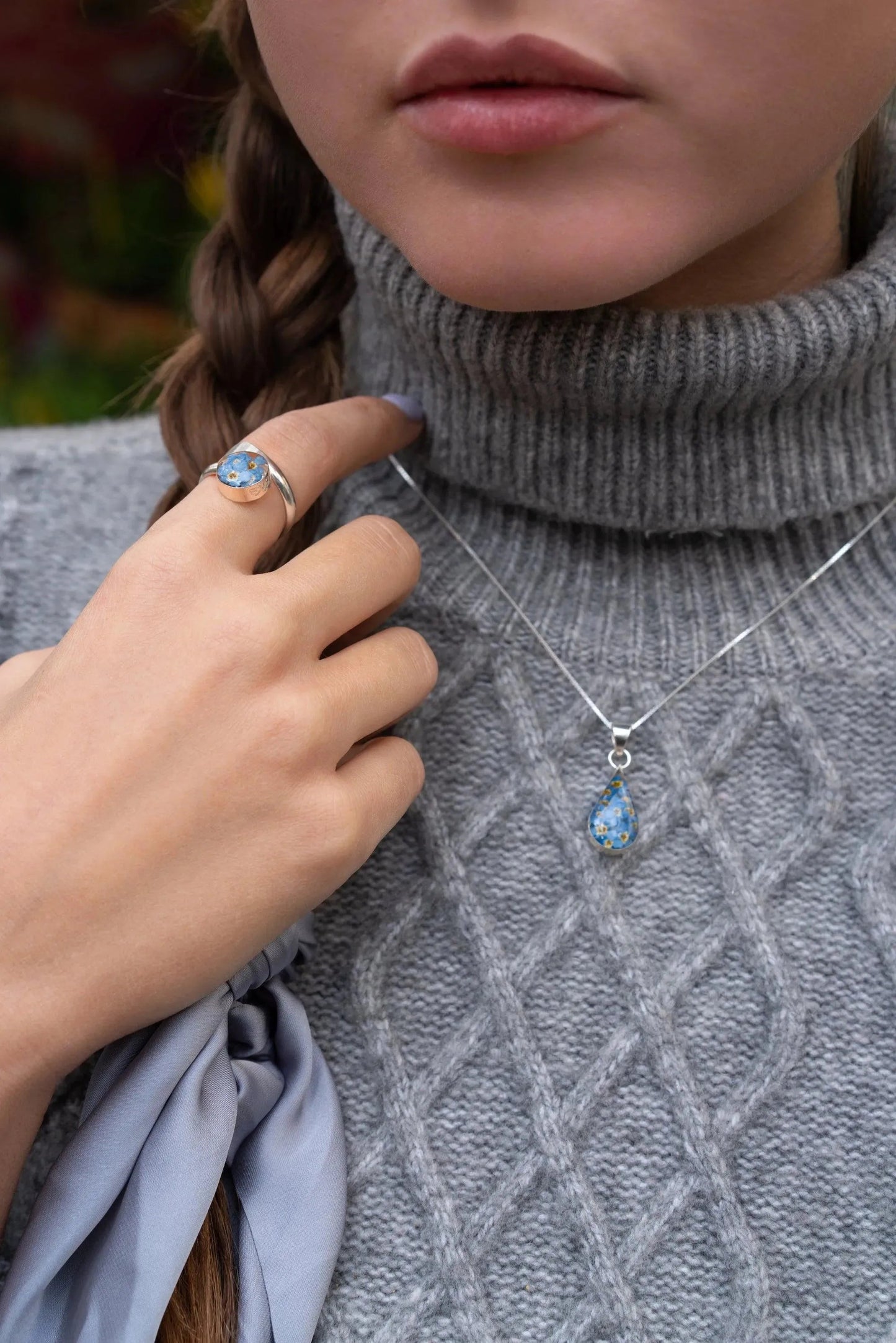 Forget-me-not necklace by Shrieking Violet® Sterling silver teardrop pendant with real forget-me-nots. Ideal for Mothers day or bridesmaid jewellery.