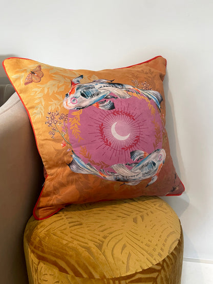 Koi watercolour art Cushion 'Golden pool' double sided design with fish illustration, made from Vegan friendly