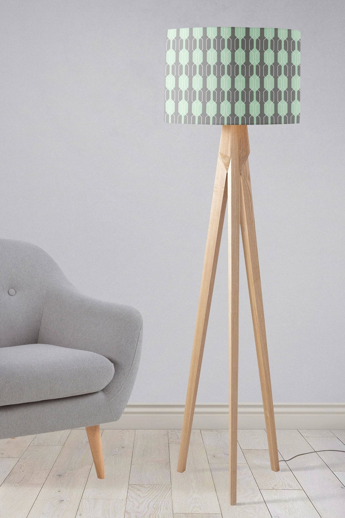 Grey and Mint Green Drum Lampshade, Geometric Design Shade for Table, Floor or Ceiling Pendant Light – view 2