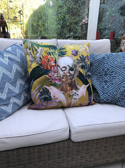 Large Yellow Cushion Watercolour skull design 'Boto Cushion' in Vegan friendly Suede – view 7