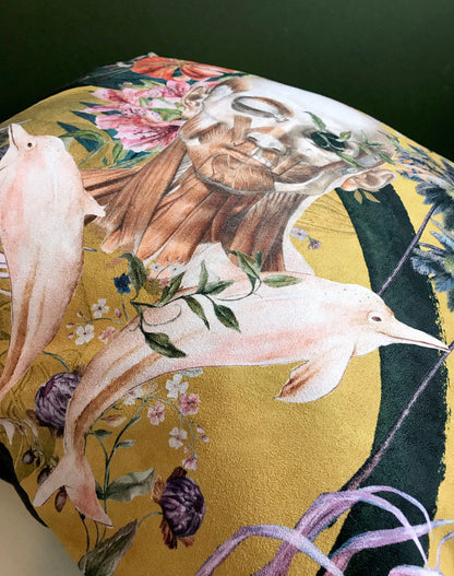 Large Yellow Cushion Watercolour skull design 'Boto Cushion' in Vegan friendly Suede – view 3