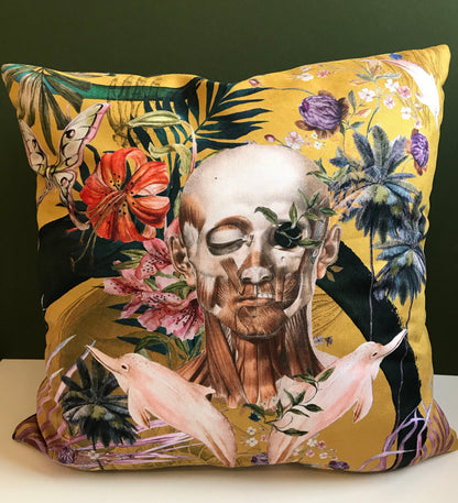 Large Yellow Cushion Watercolour skull design 'Boto Cushion' in Vegan friendly Suede – view 6
