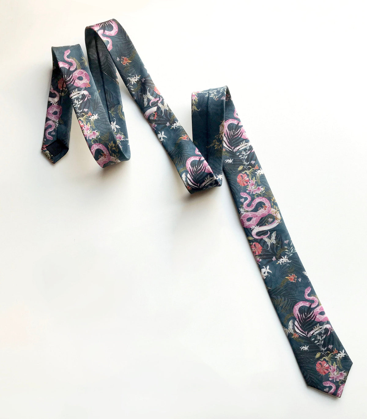 Navy Blue Silk Tie, 'Enticement' Pink Serpent design and tropical flowers – view 5