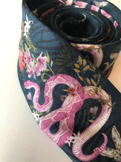 Navy Blue Silk Tie, 'Enticement' Pink Serpent design and tropical flowers – view 6