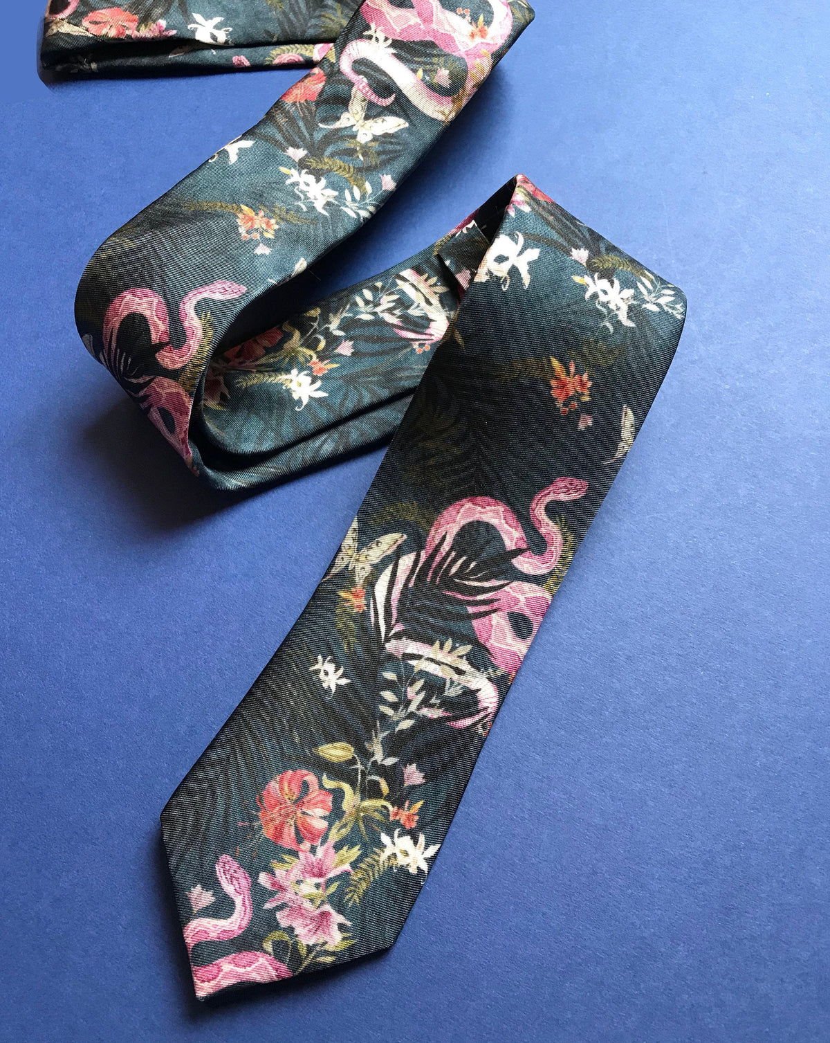 Navy Blue Silk Tie, 'Enticement' Pink Serpent design and tropical flowers – view 3