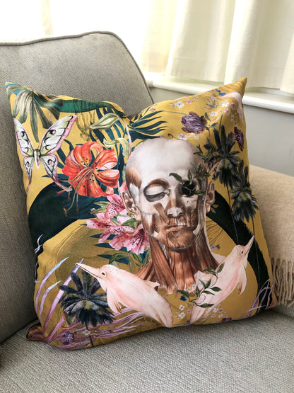 Large Yellow Cushion Watercolour skull design 'Boto Cushion' in Vegan friendly Suede – view 4