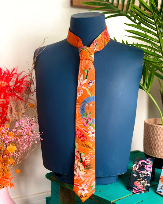 Rust orange coloured Silk Tie, 'Eden' tropical meadow print