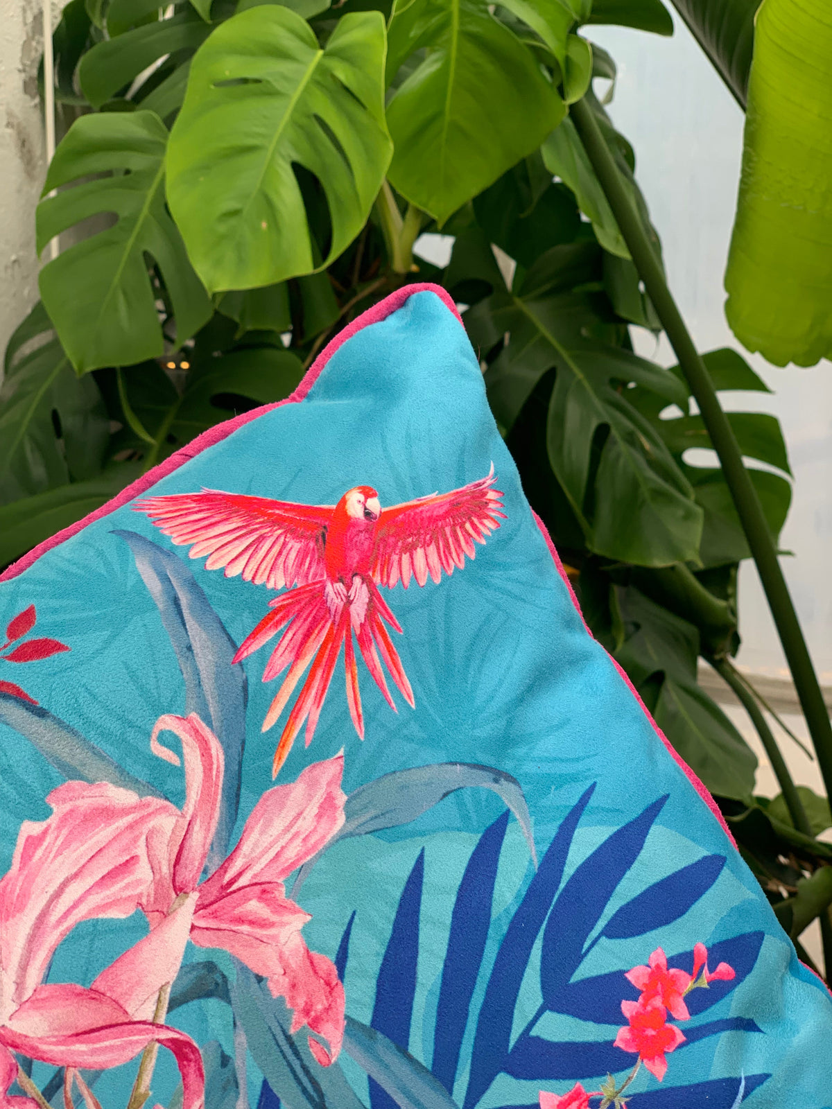 Turquoise tropical watercolour art Cushion 'Jungala' double sided design, made from Vegan friendly Suede – view 3